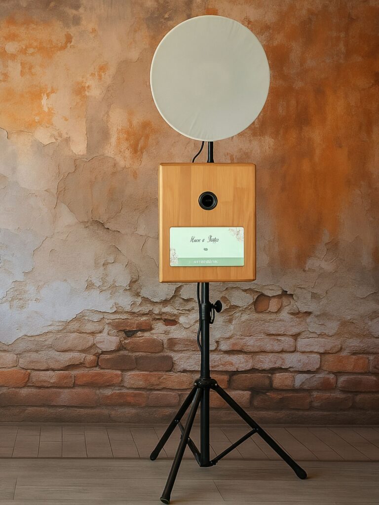 Fotobox digital (papierlos) als schlanke Säule vor einer Backsteinwand