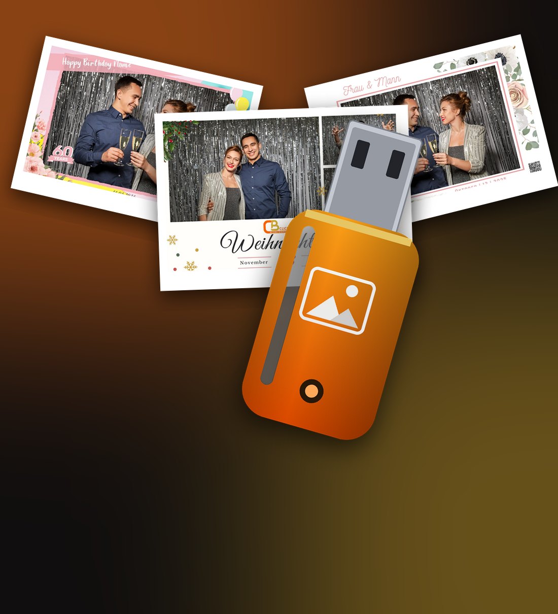 Gefächerte Fotoausdrucke und ein orangefarbener USB-Stick mit Bildsymbol