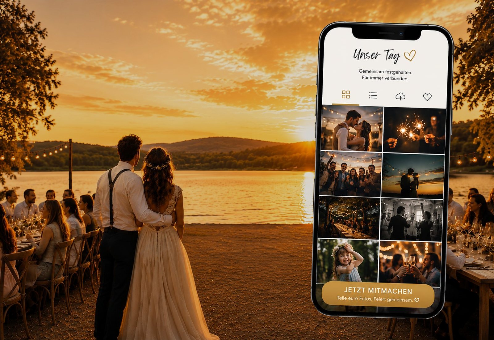 Brautpaar im Sonnenuntergang und Smartphone mit der ClickxelShare-Galerie