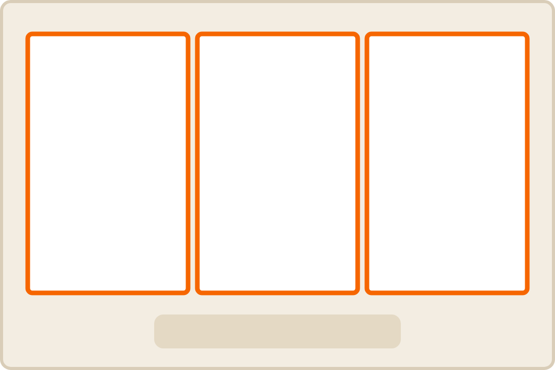 Schema Postkarte 10x15 quer: drei Fotorahmen nebeneinander, darunter ein freies Feld