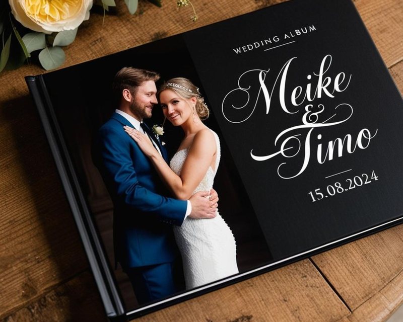 Fotobuch mit schwarzem Hardcover und Brautpaar auf dem Titel