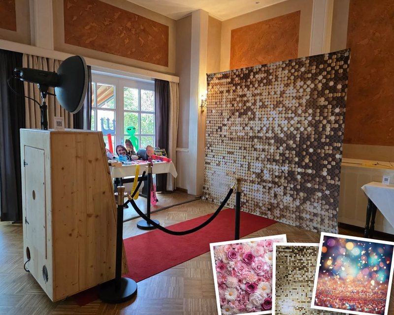Hintergrundsystem mit Pailletten-Wand neben der Fotobox, rotem Teppich und Motivmustern