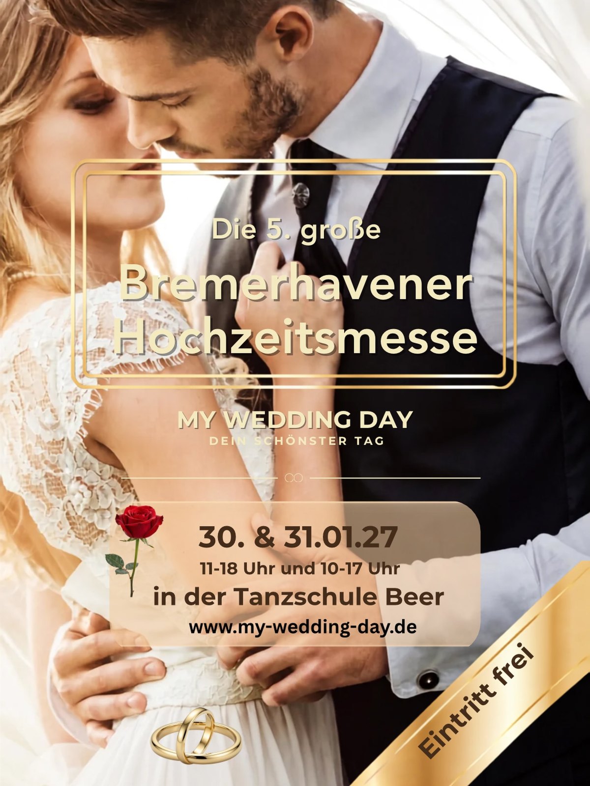 Flyer der 5. großen Bremerhavener Hochzeitsmesse My Wedding Day am 30. und 31. Januar 2027 in der Tanzschule Beer, Eintritt frei